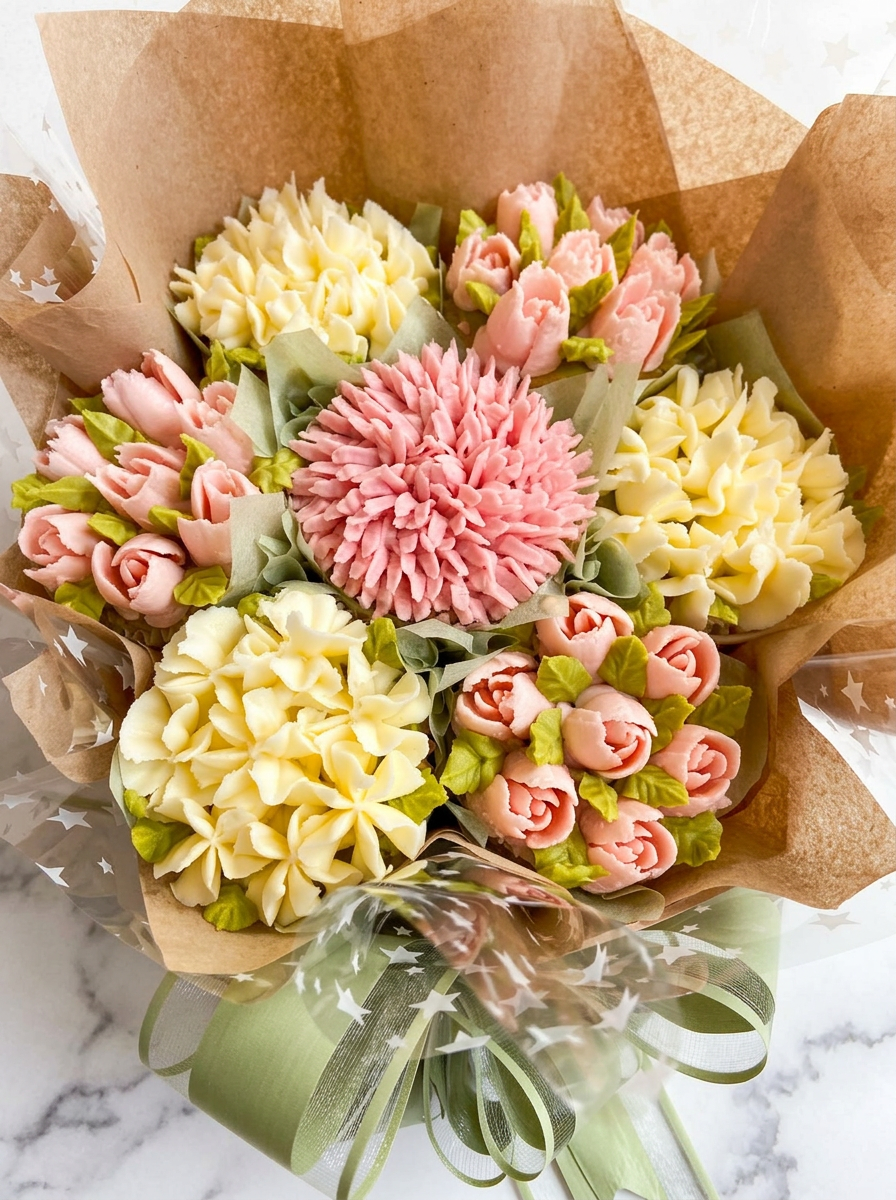 Edith cupcake bouquet with soft pink buttercream roses, a pink chrysanthemum and cream hydrangea cupcakes in kraft paper with a sage ribbon